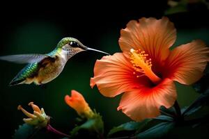 el Arte de polinización colibrí alimentación en hibisco flor hermosa fotografía. ai generado foto