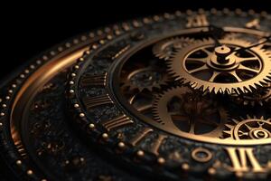 Golden black old clock close up at front view on dark background with cog wheel pattern design of my own 3d illustration. photo