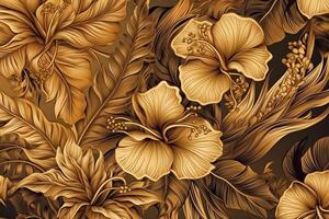 tropical exótico Clásico sin costura modelo oro hibisco flores ramos de flores plátano hojas palma dibujado a mano 3d ilustración bueno lujo fondos de pantalla envase papel tapiz paño tela impresión. ai generado foto