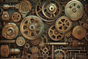 Steampunk gears and levers background ai. photo