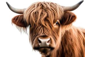 adulto escocés tierras altas vaca retrato aislado en un blanco antecedentes. ai generado foto