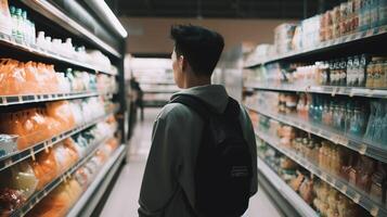 un hombre seleccionando el mejor Produce en el supermercado. generativo ai foto