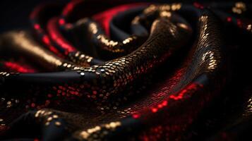 Black, Red and Gold Fabric in Wavy Bokeh Abstract Background. photo