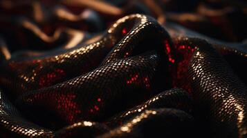 Black, Red and Gold Fabric in Wavy Bokeh Abstract Background. photo