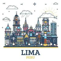 Outline Lima Peru City Skyline with Colored Historic Buildings Isolated on White. Lima Cityscape with Landmarks. vector