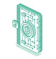 Isometric Crypto Wallet with Cryptocurrency. Outline Detailed Icon for Cryptocurrency Storage App. Blockchain Technology. vector