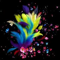 Multicolored Flowers And Feathers Background,Abstract background composition of feather and flower motifs, Designed with artificial intelligence, photo