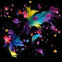 Multicolored Flowers And Feathers Background,Abstract background composition of feather and flower motifs, Designed with artificial intelligence, photo