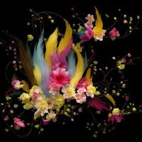 Multicolored Flowers And Feathers Background,Abstract background composition of feather and flower motifs, Designed with artificial intelligence, photo