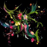 Multicolored Flowers And Feathers Background,Abstract background composition of feather and flower motifs, Designed with artificial intelligence, photo