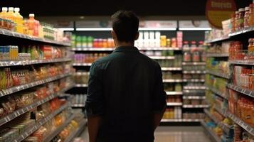 un hombre seleccionando el mejor Produce en el supermercado. generativo ai foto