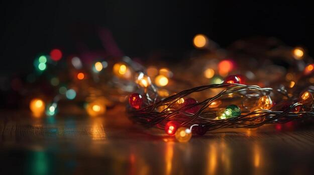A Close-up of Garland Bokeh Lights Creating a Shiny Abstract Background. photo