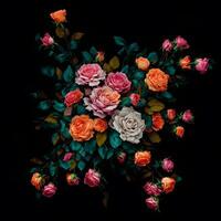 A painting of flowers with leaves and flowers on a black background. Bouquet of colorful garden flowers on black background. Designed with artificial intelligence, photo