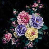 Multicolor bouquet of flowers on a black background, Multicolored Flowers Background, photo