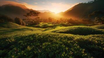 belleza de iluminado por el sol té campos en un sereno y tranquilo rural paisaje. generativo ai foto