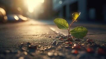 A Small Sapling Emerges Through Asphalt. photo