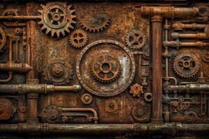 Scifi steampunk rusty wall background machinery texture design. photo