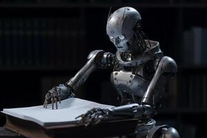 Robotic cyborg pressing robot is sitting and reading a book artificial intelligence banner place text. photo