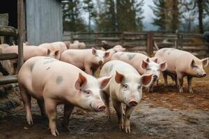 Several small and one large pig by barn at pig farm. photo