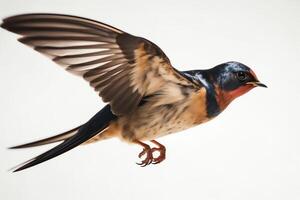 Barn swallow flying wings spread bird hirundo rustica flying against white background. photo