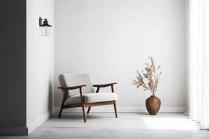 Modern minimalist interior with an armchair on empty white color wall background. photo