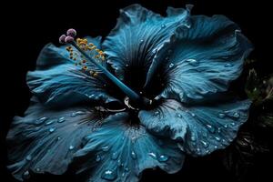 azul hibisco flor en negro fotografía. ai generado foto