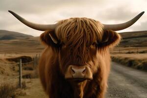 Near a gravel road a highland cow with a long tuft of reddish hair looks straight into the camera. photo