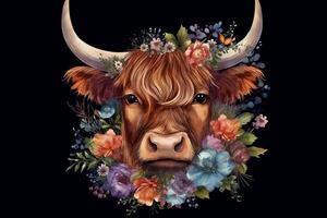 Watercolor scottish highland cow beautiful highland cow with flowers on her head floral headband. photo