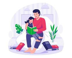 Father reading a book together with his kid. Daddy sitting on the chair reading a storybook with his daughter. Happy Father's Day. Vector illustration