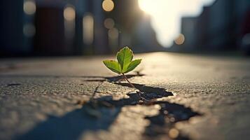 un pequeño árbol joven emerge mediante asfalto. generativo ai foto