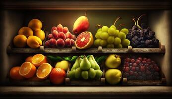 Colorful Array of Fresh Fruits on Display at Local Greengrocer. photo