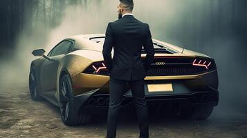 A Rich Businessman Standing in Front of a Luxurious Supercar. Generative AI photo