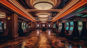 un prodigar casino interior con abundante espacio máquinas. generativo ai foto