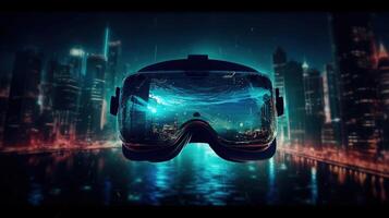 Metaverse and virtual reality network concept. Using VR headset on city background, double exposure. photo