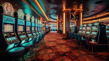 A Lavish Casino Interior with Abundant Slot Machines. photo