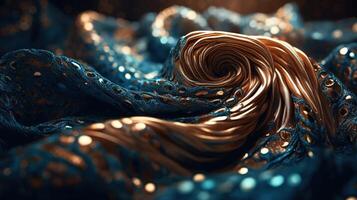 Blue and Gold Fabric in Wavy Bokeh Abstract Background. photo