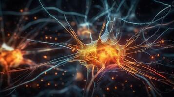 Neurons and Synapses Sending Signals in Glowing Network. photo