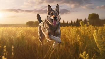 A Happy Dog Leaping with Delight across the Sunlit Field. photo