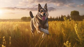 un contento perro saltando con deleite a través de el iluminado por el sol campo. generativo ai foto