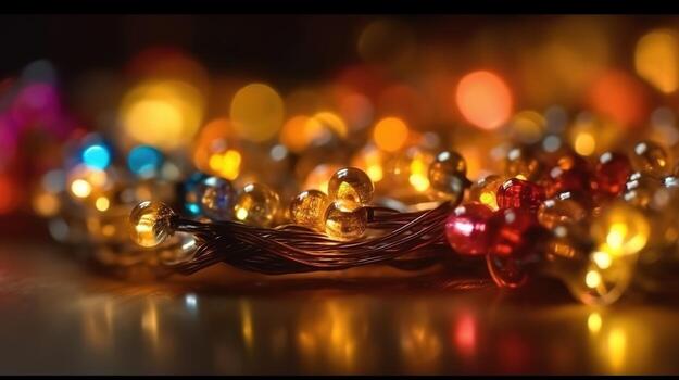 A Close-up of Garland Bokeh Lights Creating a Shiny Abstract Background. photo