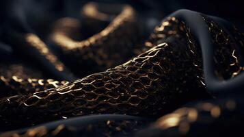 Black and Gold Fabric in Wavy Bokeh Abstract Background. photo