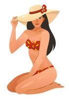 un mujer en un traje de baño y un verano sombrero. hembra en un traje de baño es broncearse. dibujos animados vector ilustración.