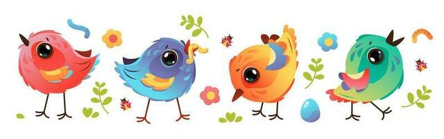 Cute funny birds set. Birds with worms and insects. Vector animal character in cartoon style.