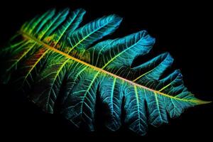 Tropical leaf est glow in the black light background high contrast. photo