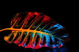 Tropical leaf est glow in the black light background high contrast. photo