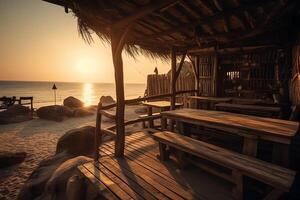 hermosa romántico playa bar con marina a puesta de sol o amanecer idea Perfecto verano vacaciones antecedentes fondo de pantalla. ai generado foto