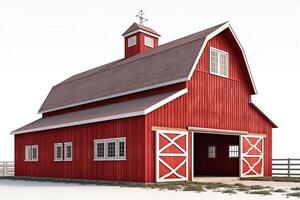 3D rendering of a red wooden barn isolated on a white background. photo