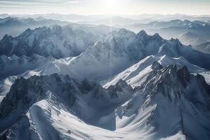 Snowy mountain range with icy peaks. photo