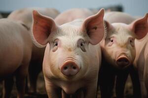 Several small and one large pig by barn at pig farm. photo