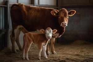 Here d cow with calf in a barn. photo